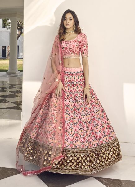 Pink Silk Sequins Embroidery & Thread-Work Wedding-Wear Stylish Lehenga Choli