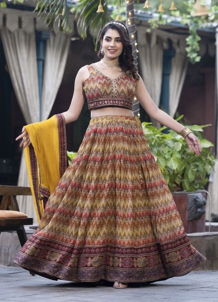 Multicolor Pure Chinon with Sequins-Work & Digital Print Wedding-Wear Readymade Stylish Lehenga Choli