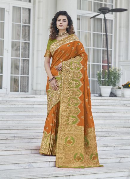 Dark Orange Banarasi Silk Weaving Festive-Wear Saree