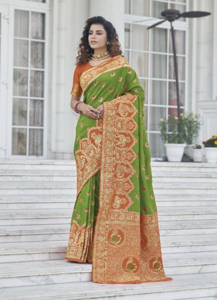 Light Olive Green Banarasi Silk Weaving Festive-Wear Saree
