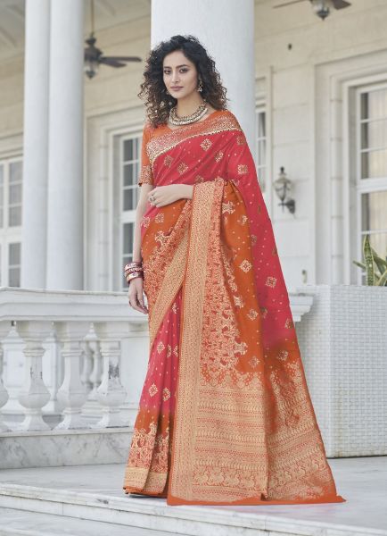 Light Red Banarasi Silk Weaving Festive-Wear Saree