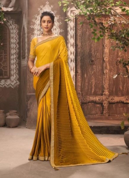 Mustard Yellow Chinnon Crush Shaded Party-Wear Pleated Saree