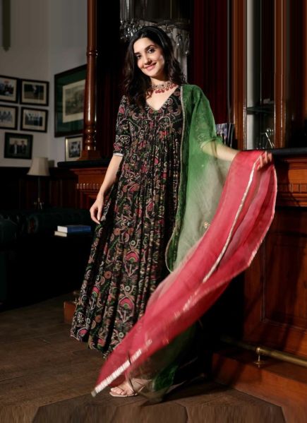 Black Muslin Silk Digitally Printed Party-Wear Anarkali Readymade Salwar Kameez