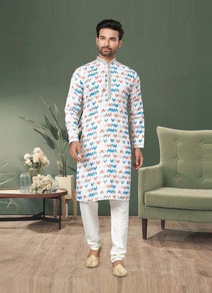White Cotton Digitally Printed Party-Wear Kurta With Pyjama