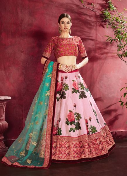 Pink Banglori Silk Dori, Zari, Sequins, Embroidery Work & Digital Printed Party-Wear Stylish Lehenga Choli
