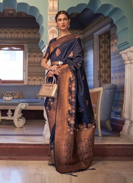 Dark Blue Tussar Silk Copper Zari Weaving Festive-Wear Saree