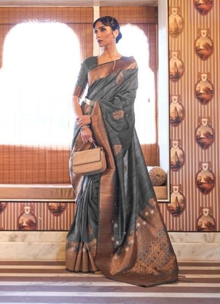 Gray Tussar Silk Copper Zari Weaving Festive-Wear Saree