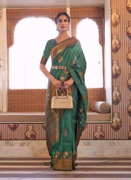 Green Tussar Silk Copper Zari Weaving Festive-Wear Saree