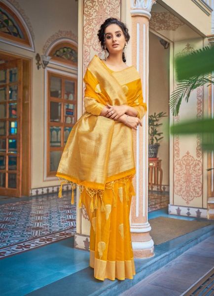 Yellow Soft Hand Dying Organza Weaving Festive-Wear Silk Saree