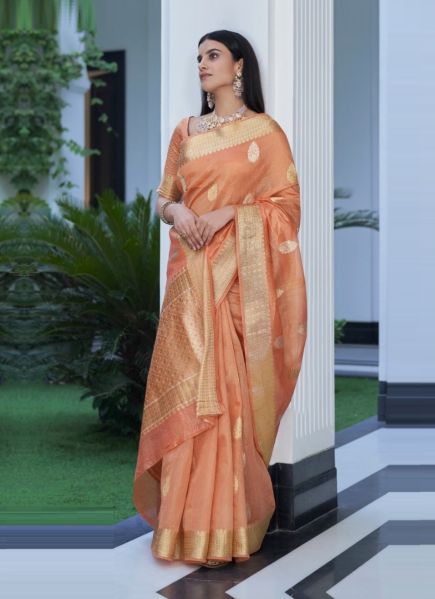 Cantaloupe Orange Tissue Silk Banarasi Weaving Festive-Wear Saree