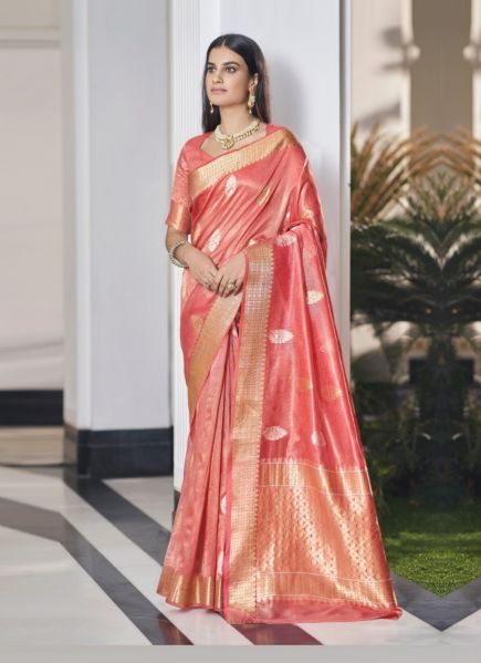 Light Coral Tissue Silk Banarasi Weaving Festive-Wear Saree