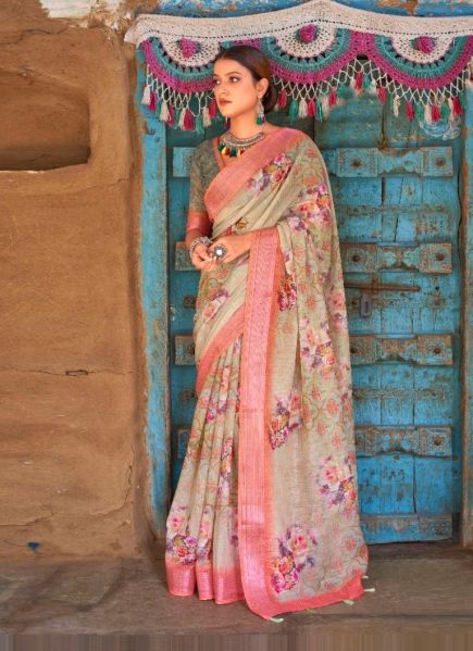 Light Sage Green & Pink Digitally Printed Festive-Wear Linen-Cotton Saree