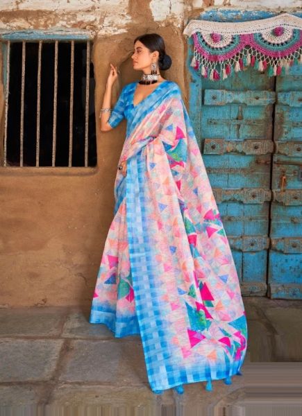 Pink & Sky Blue Digitally Printed Festive-Wear Linen-Cotton Saree