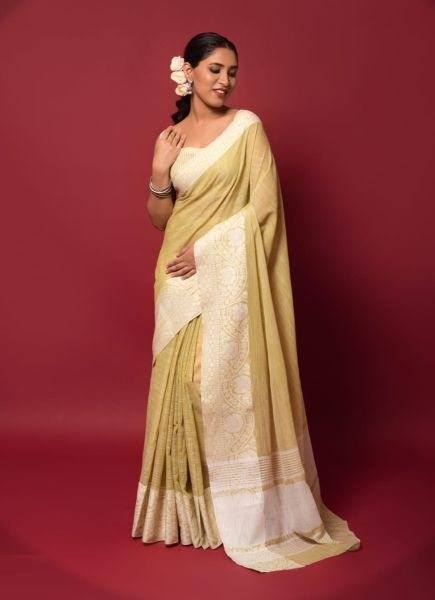Burlywood Soft linen Chikankari Festive-Wear Lakhnavi Saree