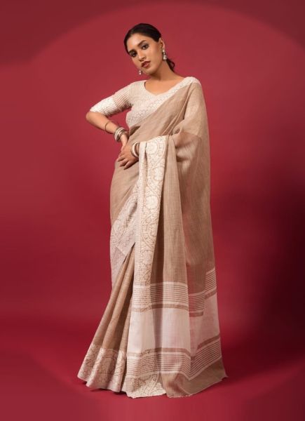 Light Brown Soft linen Chikankari Festive-Wear Lakhnavi Saree