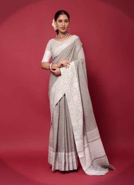 Gray Soft linen Chikankari Festive-Wear Lakhnavi Saree