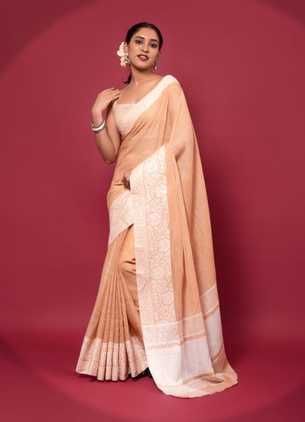 Peach Soft linen Chikankari Festive-Wear Lakhnavi Saree