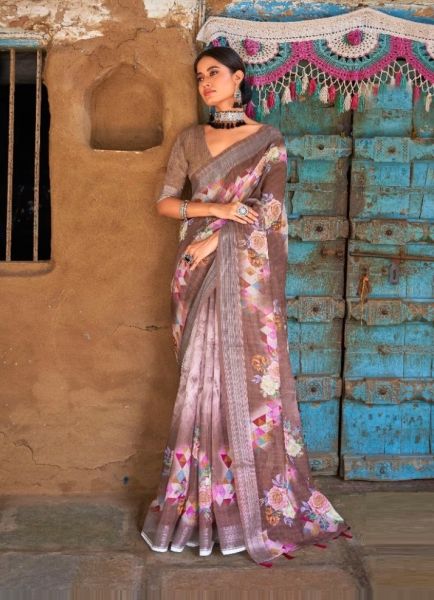 Brown Digitally Printed Festive-Wear Linen-Cotton Saree