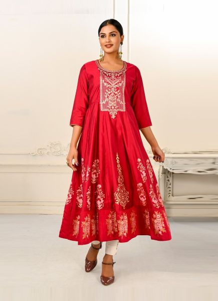 Red Cotton With Hand Printed Party-Wear Readymade Anarkali Kurti