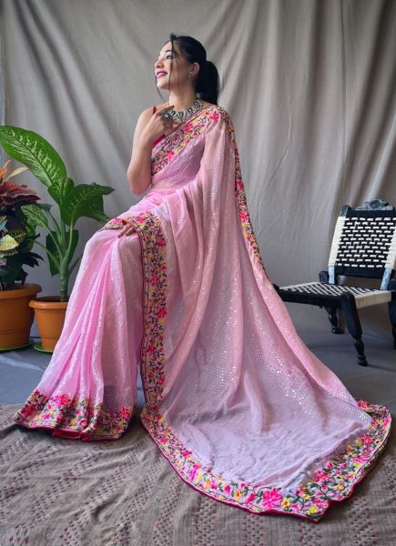 Pink Pure Georgette Thread-Work Festive-Wear Fashionable Saree