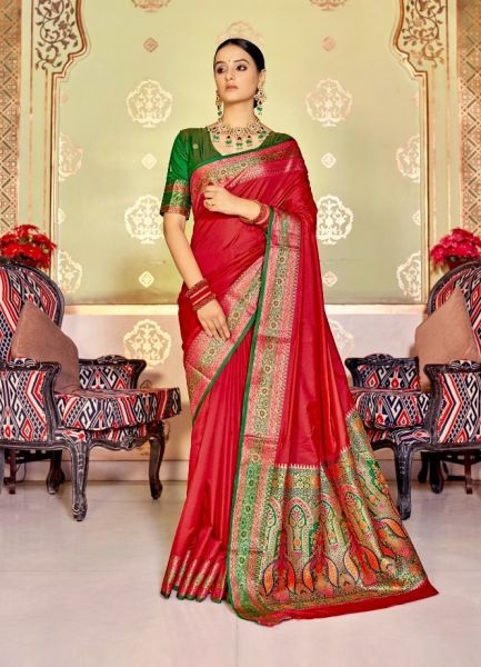 Red Soft Banarasi Silk Weaving Festive-Wear Saree