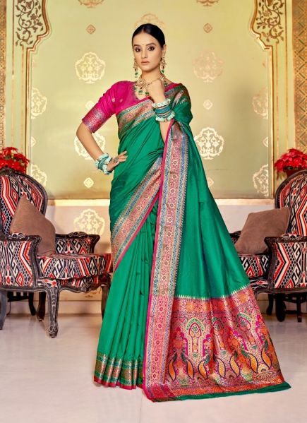 Sea Green Soft Banarasi Silk Weaving Festive-Wear Saree