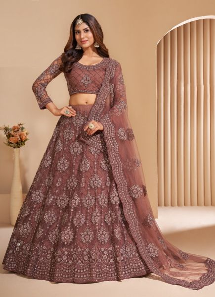 Brown Net With Silk Cording, Thread, Embroidery & Stone Work Wedding-Wear Bridal Lehenga Choli