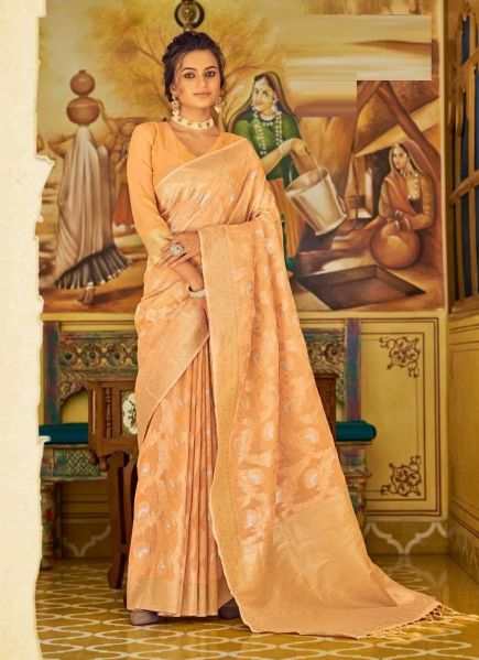 Orange Linen Weaving Festive-Wear Soft Silk Saree