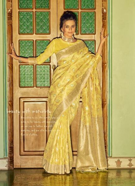 Yellow Linen Weaving Festive-Wear Soft Silk Saree