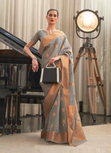 Gray Linen Weaving Festive-Wear Cotton Silk Saree