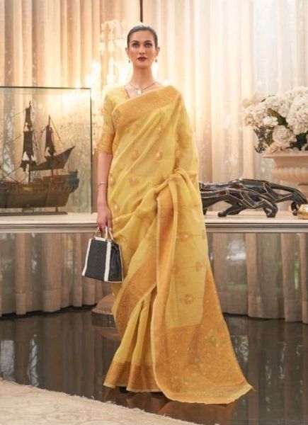 Yellow Linen Weaving Festive-Wear Cotton Silk Saree