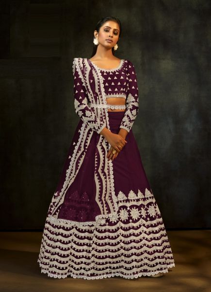 Dark Wine Net With Embroidery, Sequins & Thread-Work Party-Wear Stylish Lehenga Choli (With Can-Can)