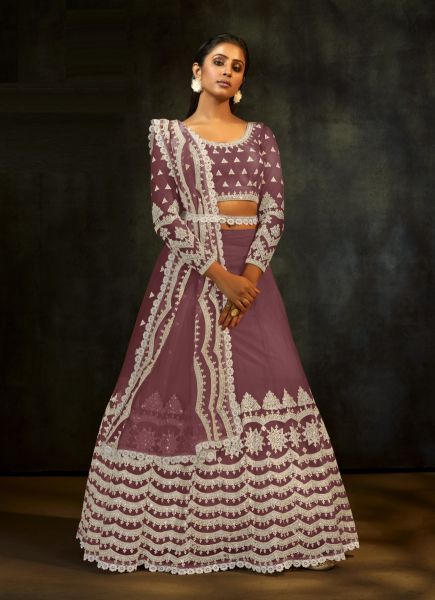 Light Mauve Brown Net With Embroidery, Sequins & Thread-Work Party-Wear Stylish Lehenga Choli (With Can-Can)