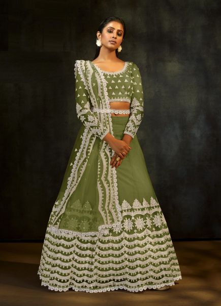 Olive Green Net With Embroidery, Sequins & Thread-Work Party-Wear Stylish Lehenga Choli (With Can-Can)