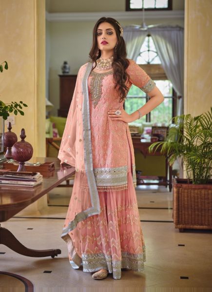 Light Coral Georgette With Embroidery & Stone-Work Ramadan Special Palazzo-Bottom Readymade Salwar Kameez