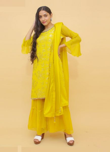 Yellow Chinon Embroidered Party-Wear Trending Readymade Salwar Kameez