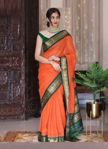 Dark Orange Soft Lichi Banarasi Silk Weaving Festive-Wear Checks Saree