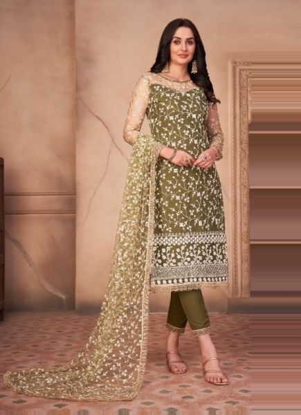 Dark Olive Green Cotton Embroidered, Thread & Sequins Work Festive-Wear Salwar Kameez