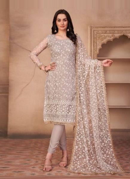 Light Beige Cotton Embroidered, Thread & Sequins Work Festive-Wear Salwar Kameez