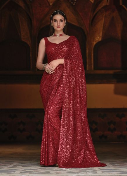 Red Georgette Thread & Sequins-Work Party-Wear Glittering Saree