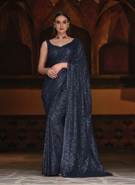 Dark Blue Georgette Thread & Sequins-Work Party-Wear Glittering Saree