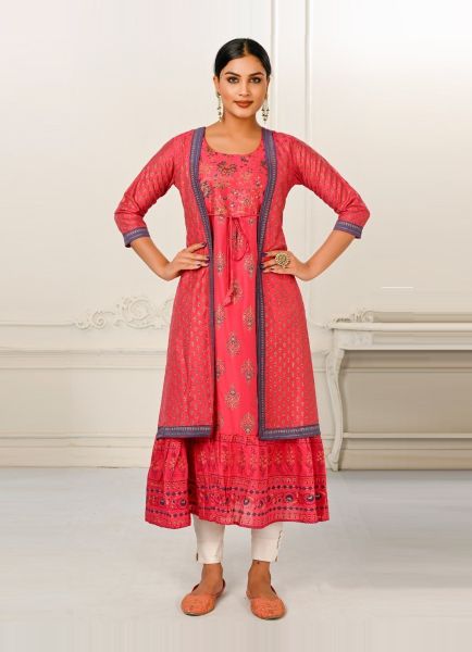 Coral Red Cotton With Hand Printed Party-Wear Readymade Anarkali Kurti