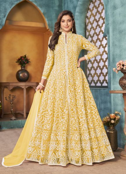 Yellow Net Cording, Embroidered, Sequins & Thread-Work Party-Wear Front-Slit Salwar Kameez
