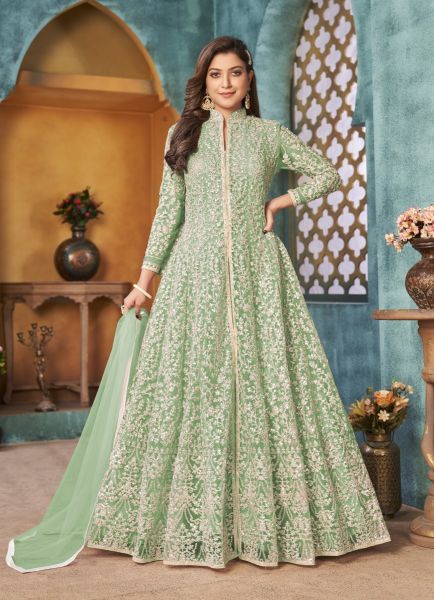 Light Green Net Cording, Embroidered, Sequins & Thread-Work Party-Wear Front-Slit Salwar Kameez