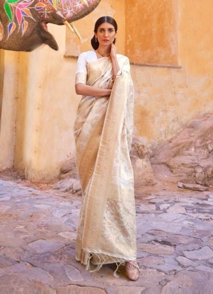 White Silk Weaving & Sequins Work Festive-Wear Handloom Saree
