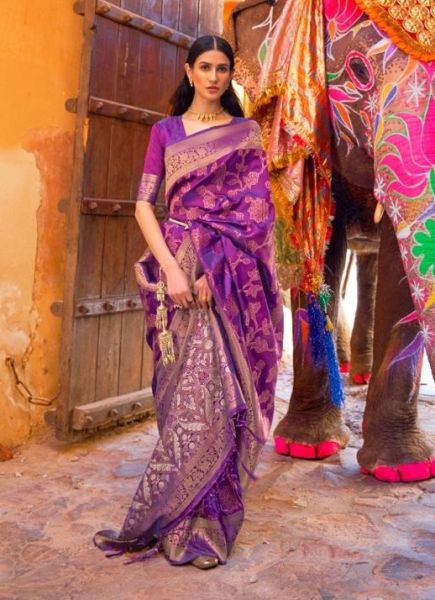 Purple Silk Weaving & Sequins Work Festive-Wear Handloom Saree