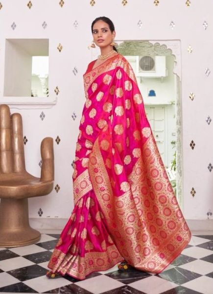 Deep Pink Satin Two Tone Weaving Festive-Wear Handloom Saree