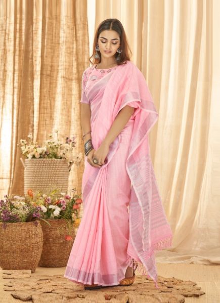 Pink Linen Weaving Festive-Wear Foil Print Saree