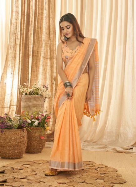 Orange Linen Weaving Festive-Wear Foil Print Saree