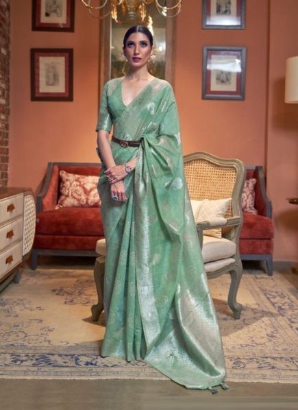 Sea Green Linen Weaving Festive-Wear Soft Silk Saree